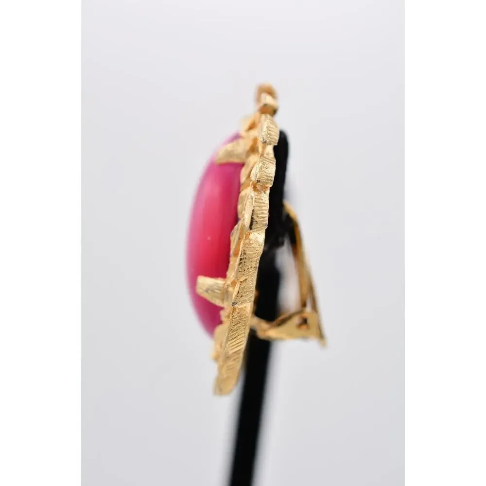 Judy Lee Vintage Cabochon Clip On Earrings Pink Gold Chunky Signed 1980s BinAZ